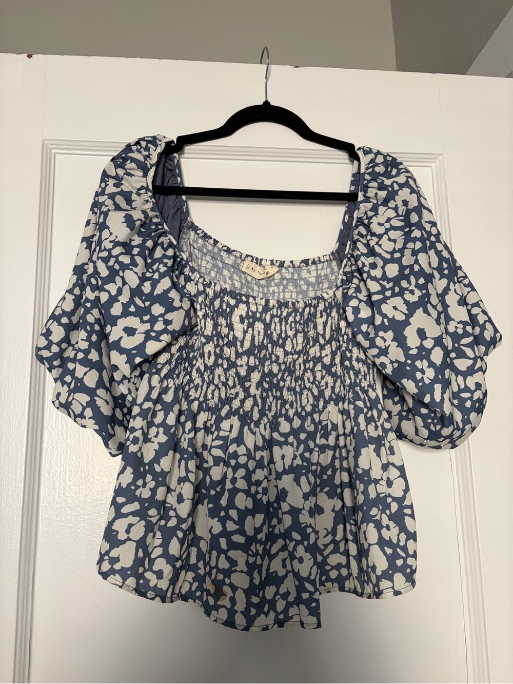 Smocked Square-Neck Puff Sleeve Top - Blue Floral